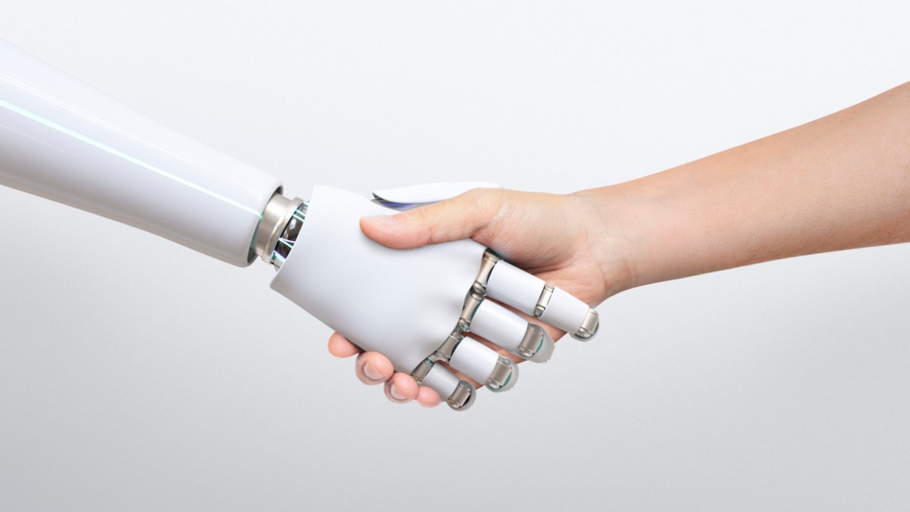Robot handshake human background, artificial intelligence digital transformation