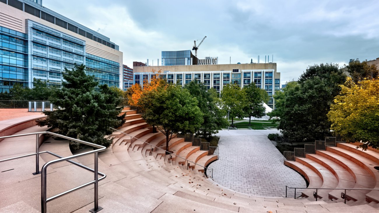 Modern amphitheater with lots of greenery located near the Ray and Maria Stata Center in Cambridge, USA