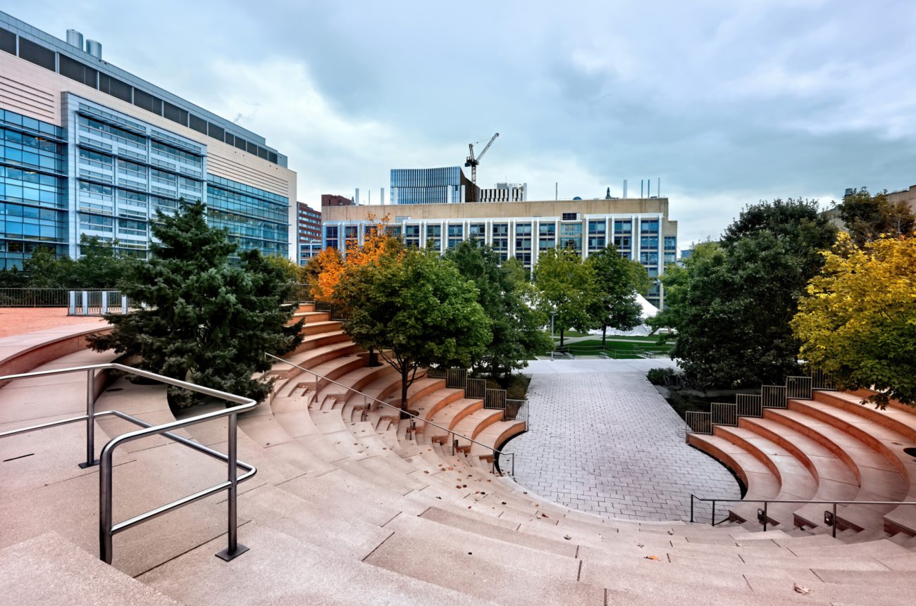 Modern amphitheater with lots of greenery located near the Ray and Maria Stata Center in Cambridge, USA