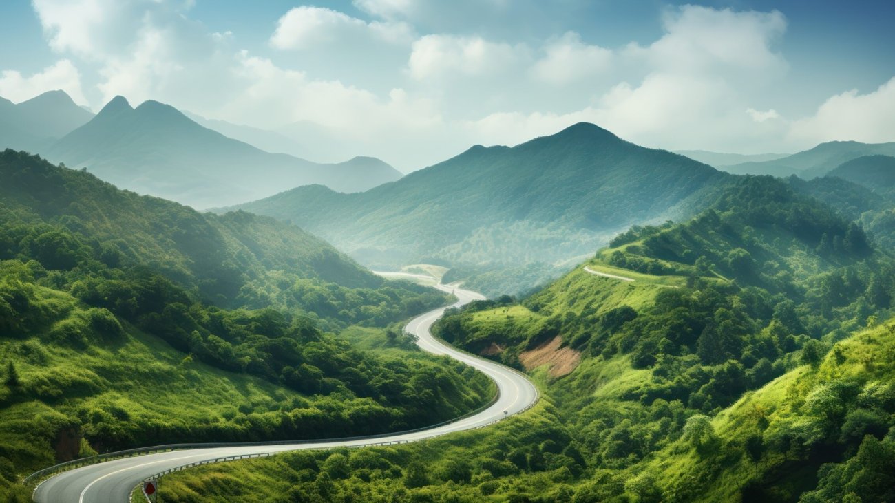 Winding road cuts a path through lush green mountains under a hazy sky.