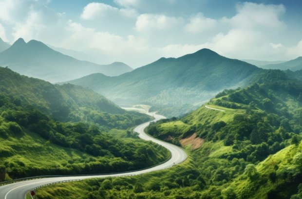 Winding road cuts a path through lush green mountains under a hazy sky.